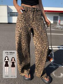Dazy Tall Women's Leopard Print Loose Straight Leg Street Casual Denim Jeans Fall - Brown - View 1