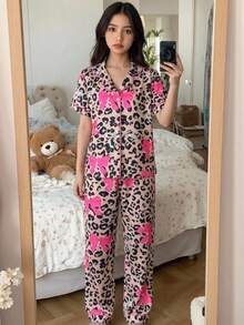 Girlism Tween女孩夏季甜美豹紋與蝴蝶印花短袖長褲睡衣套裝，休閒居家服 - 彩色 - 查看 9