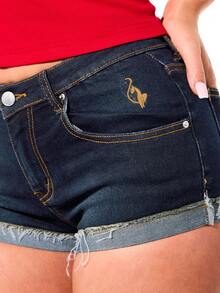 BABYPHAT Low Rise Denim Mini Shorts With Gold Cat Embroidery Rhinestone Detail Raw Hem Cuffed Summer Festival Jean Shorts - Blue - View 6