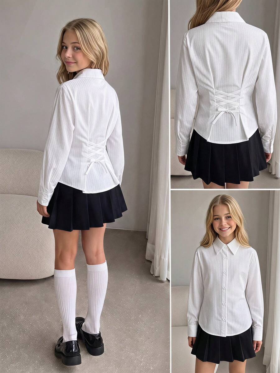 SHEIN 兒童青少年女孩優雅正式純白色長袖襯衫,綁帶收腰上衣,返校季校園正式秋季穿搭 - 白色 - 查看 1