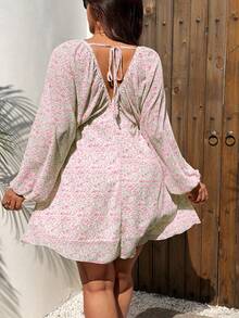 Sunnyshic Vintage Ditsy Floral V-Neck Backless Tie Strap Long Sleeve Maxi Dress For Women Fall - Pink - View 2