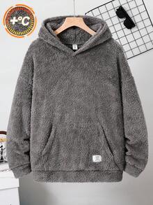 SHEIN 青少年男孩休閒刺繡雙面抓毛連帽套頭衛衣，秋冬款灰色上衣 - 灰色 - 查看 9