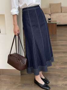 DAZY Women's Long Mermaid Denim Skirt, Vacation Style Autumn Work Everyday Navy Blue French Casual - Dark Wash - View 6