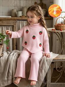 SHEIN Vintaside Kids 女嬰 0-3 歲秋季刺繡草莓羅紋針織長袖上衣與喇叭褲套裝，粉紅色，適合日常穿著，高領休閒日常穿搭 - 粉色 - 查看 6