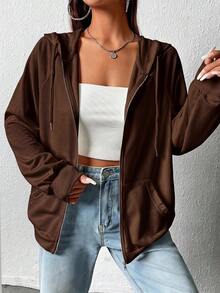 SHEIN EZwear Zip Up Raglan Sleeve Drawstring Hoodie,Long Sleeve Tops In Fall/Winter - Brown - View 4