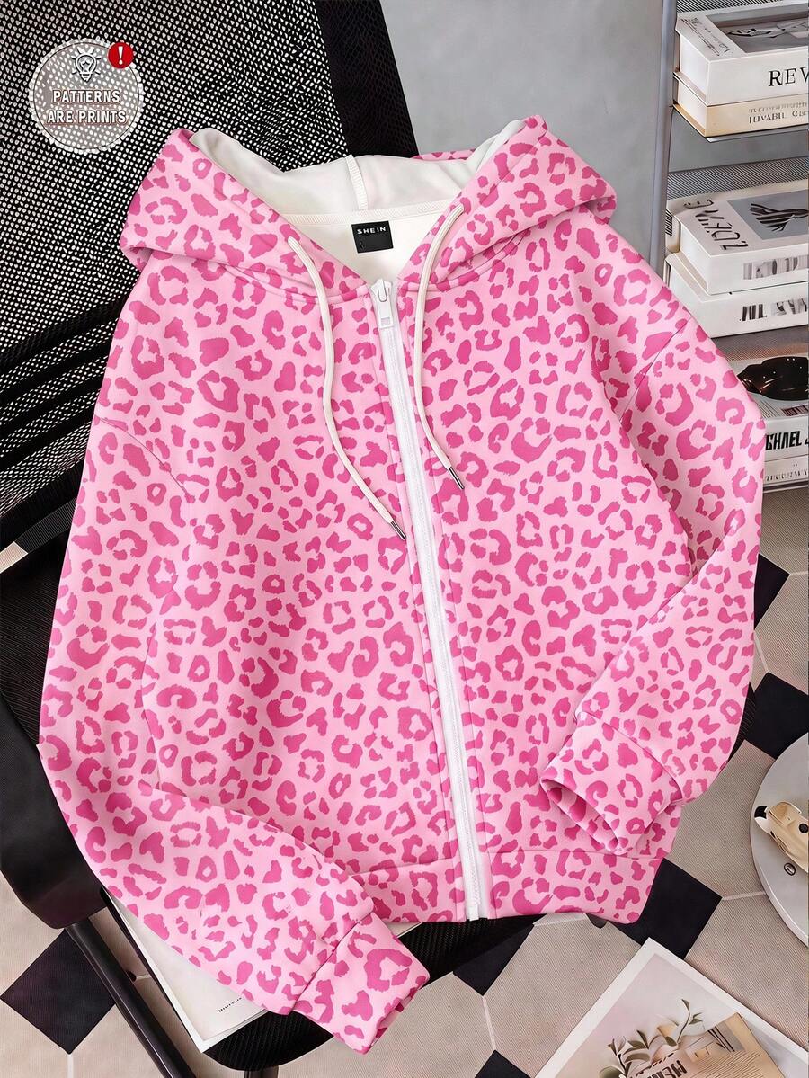 SHEIN EZwear 豹紋粉色可愛豹紋寬鬆舒適拉鍊連帽衛衣,適合秋冬,街頭風、機場風、時尚、Y2K風格 - 彩色 - 查看 1