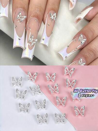 20Pcs Silver Butterfly Nail Charms 3D Rhinestone DIY Jewelry Pendants Manicure Art Decoration Accessories For Wedding Party Prom Glam Nails Acrylic Decor Supplies