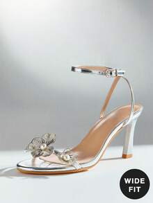 SHUZIA Women's Wide-Fit Minimalist Fashion Comfy Round Toe Floral Decor Stiletto Heel Sandals - Metallic Silver - View 1