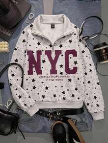SHEIN EZwear 女款星星圖案運動衫，美式街頭風，返校季，Y2K休閒 - 彩色 - 查看 1
