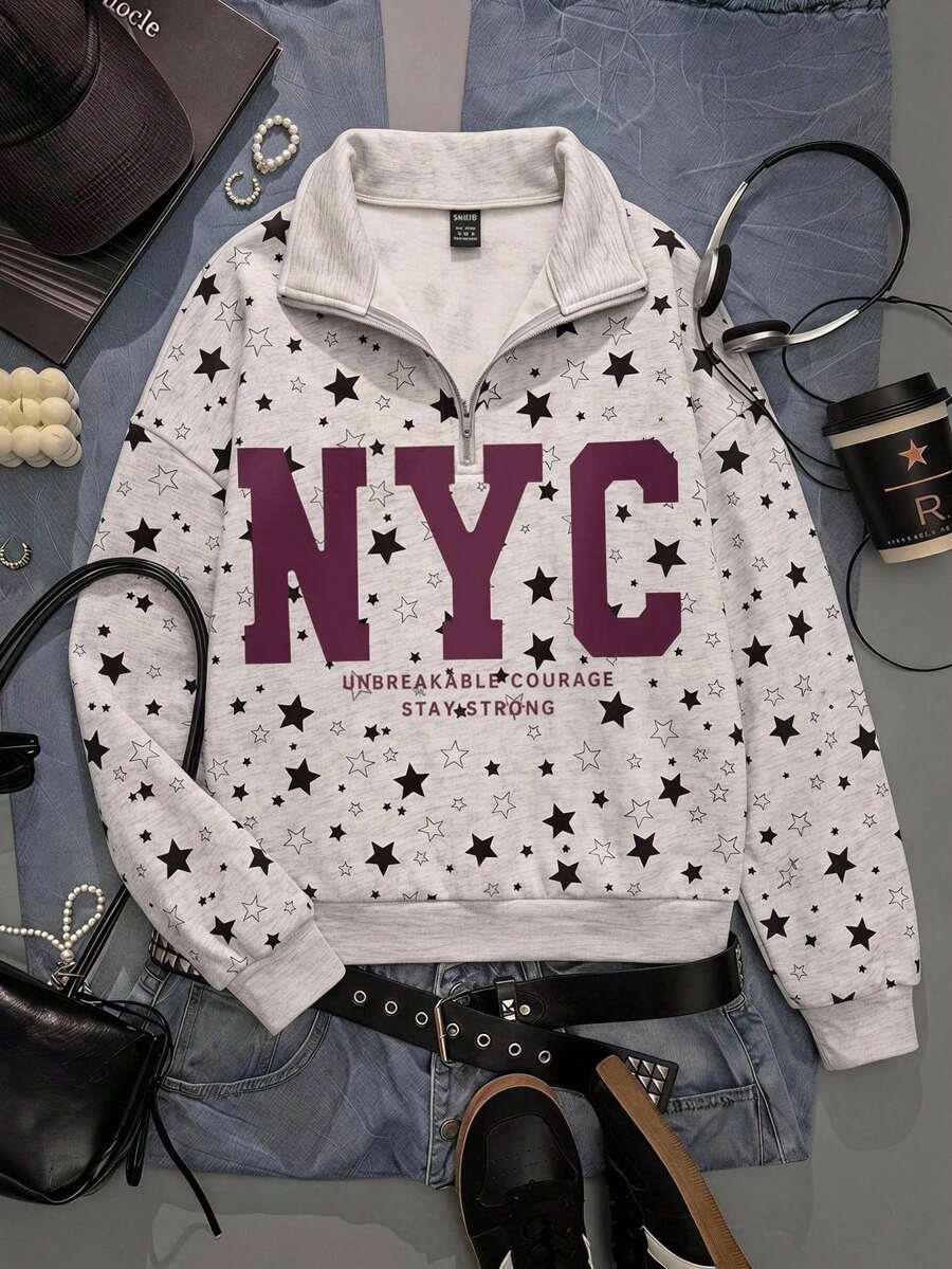 SHEIN EZwear 女款星星圖案運動衫,美式街頭風,返校季,Y2K休閒 - 彩色 - 查看 1