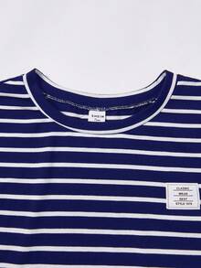 SHEIN Teen Girls Summer New Knit Striped Casual Loose Short Sleeve T-Shirt And Pants Set - Navy Blue - View 4