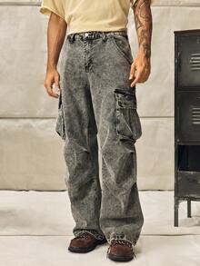 Norleigh Loose Fit Men's Flap Pocket & Side Panel Cargo Jeans (Without Belt) - Grey - View 7
