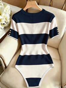 SHEIN Franclia Women's Striped Round Neck Button Decor Short Sleeve Bodysuit - Royal Blue - View 2