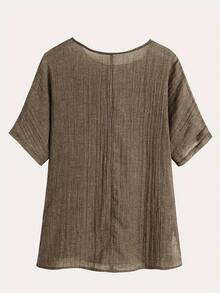 EMERY ROSE Summer Solid Short Sleeve Round Neck Blouse - Brown - View 2