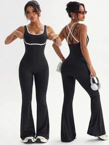 SHEIN Sports Women's Athletic Bodysuit Featuring An Open Back And Minimalist, Contrasting-Color Crisscross Straps - Black and White - View 2