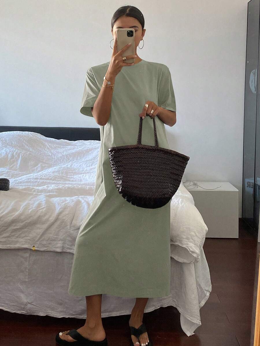 Livesso 女士圆领短袖纯色简约时尚优雅连衣裙 - 綠色 - 查看 1