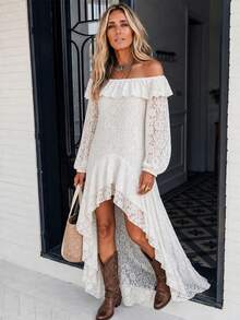 LanaWest Women's Elegant Solid Color Lace Off Shoulder Ruffle Hem High-Low Dress - White - View 2