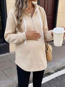 SHEIN Maternity Drawstring Hooded Casual Versatile Daily Wear Sweatshirt Winter - Apricot - View 7