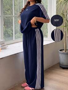 SHEIN EZwear 大尺碼女款字母印花拼色長袖上衣與長褲休閒套裝 - 藏蓝色 - 查看 1