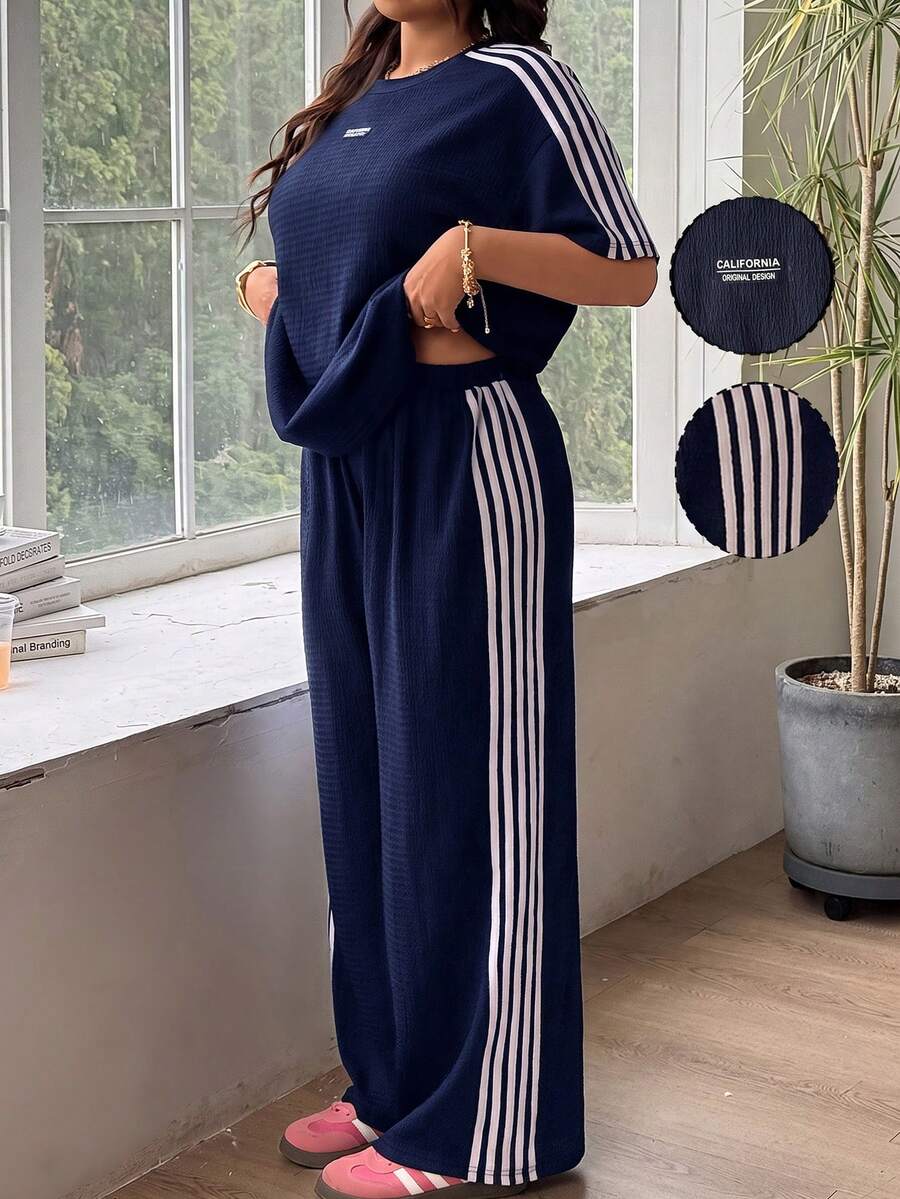 SHEIN EZwear 大尺碼女款字母印花拼色長袖上衣與長褲休閒套裝 - 藏蓝色 - 查看 1