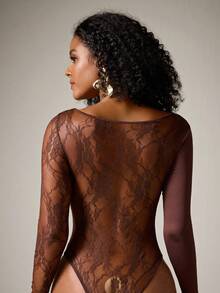 DreamPoppy Women's Sexy Lace Patchwork Long Sleeve Sheer Asymmetrical Neckline Jumpsuit - Coffee Brown - View 2