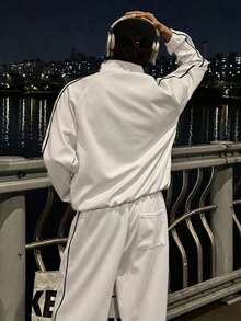 DAZY Spring/Autumn White Side-Seam Contrast Tape Letter Print Pants Elastic Waist Men's Jacket Set - White - View 2
