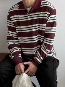 DAZY Spring/Autumn Brown, Beige, Blue Striped Polo Collar Long Sleeve Ribbed Cuff Men's T-Shirt - Multicolor - View 6