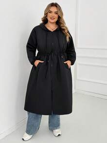 SHEIN CURVE+ Zipper Hooded Cinched Waist Plus Size Long Sleeve Jacket, Autumn Winter Outerwear, 2026 22W Hiking Rodeo Normal - Black - View 7