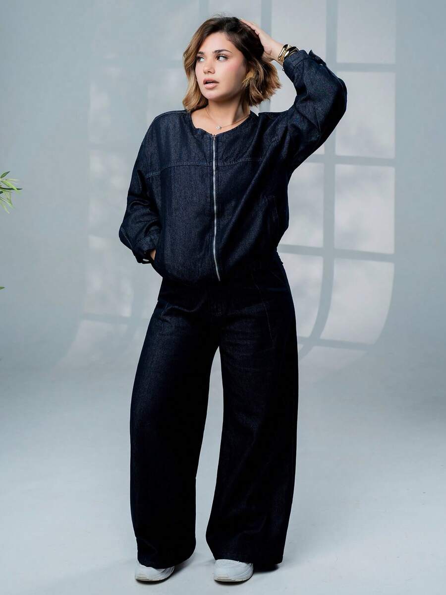 SARA VAULT Women's Round Neck Elastic Waist Jacket Top And Loose Wide Leg Pants 2 Pieces Set, Casual - Blue - View 1