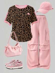 SHEIN Teen Girls Pink Leopard Print T-Shirt And Cargo Pants Set, Casual Fashion Spring Summer Autumn Outdoor Wear - Multicolor - View 4