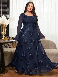 Reflora Plus Size Elegant Party Floral Embroidered Dress - Navy Blue - View 8