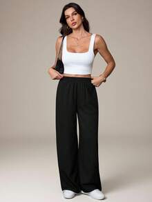 SHEIN Tall Women's Casual Wave Textured Pants, Suitable For Autumn - Black - View 1