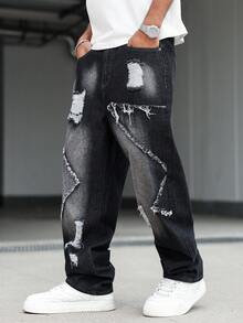NEOSTRIT Men's American Street Style Distressed Patchwork Raw Edge Denim Jeans - Black - View 8