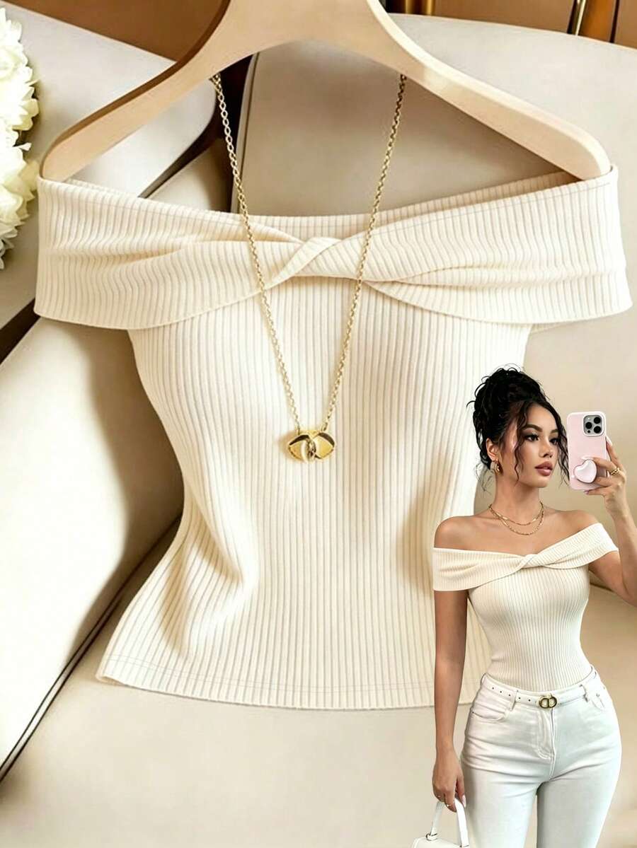SHEIN Franclia Elegant Off-Shoulder Knot Design Women's T-Shirt, Ribbed Texture Fabric Apricot Color Women's Top - Apricot - View 1
