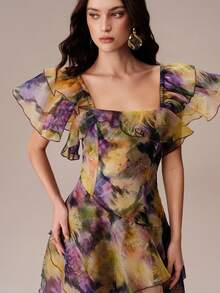 BELROSIE Summer Purple And Yellow Floral Colorblock Organza Ruffle Flutter Sleeve Split Hem Layered Cake Skirt Cinched Waist Women's Dress Wedding Garden - Multicolor - View 2