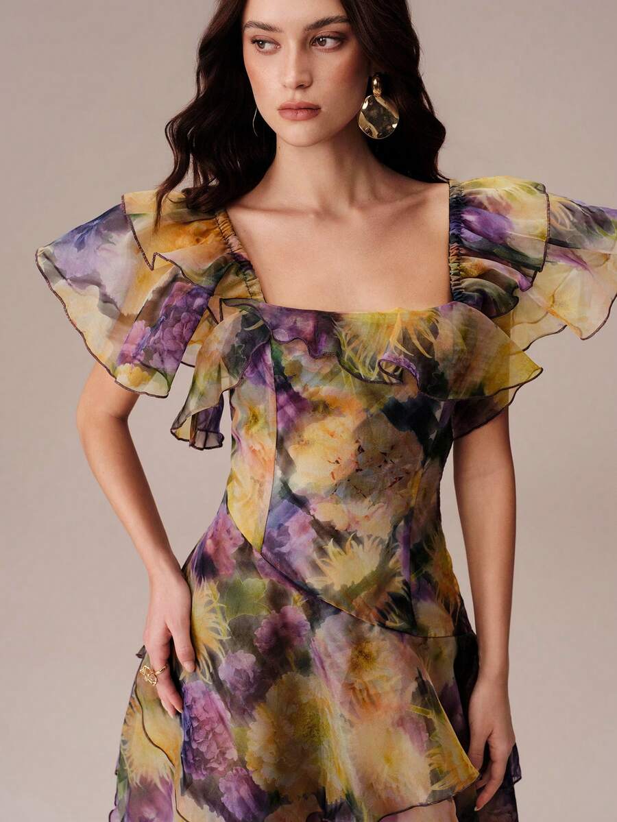 BELROSIE Summer Purple And Yellow Floral Colorblock Organza Ruffle Flutter Sleeve Split Hem Layered Cake Skirt Cinched Waist Women's Dress Wedding Garden