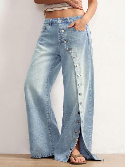 Bohemela Women's Casual Washed Front Button Denim Jeans
