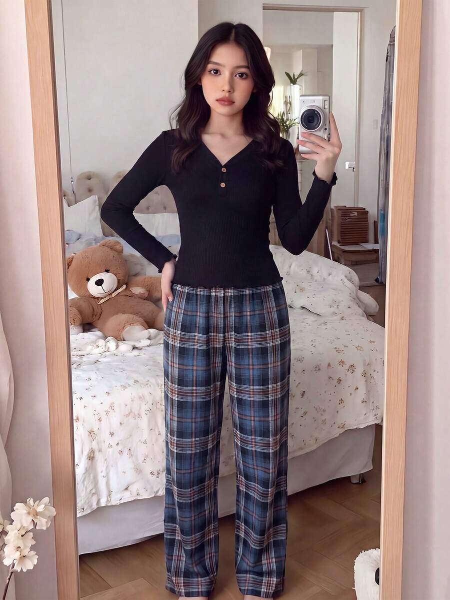 SHEIN 青少年女孩簡約休閒V領羅紋針織長袖T恤與格紋睡褲舒適睡衣套裝2件組,適合春秋穿著 - 藏蓝色 - 查看 1