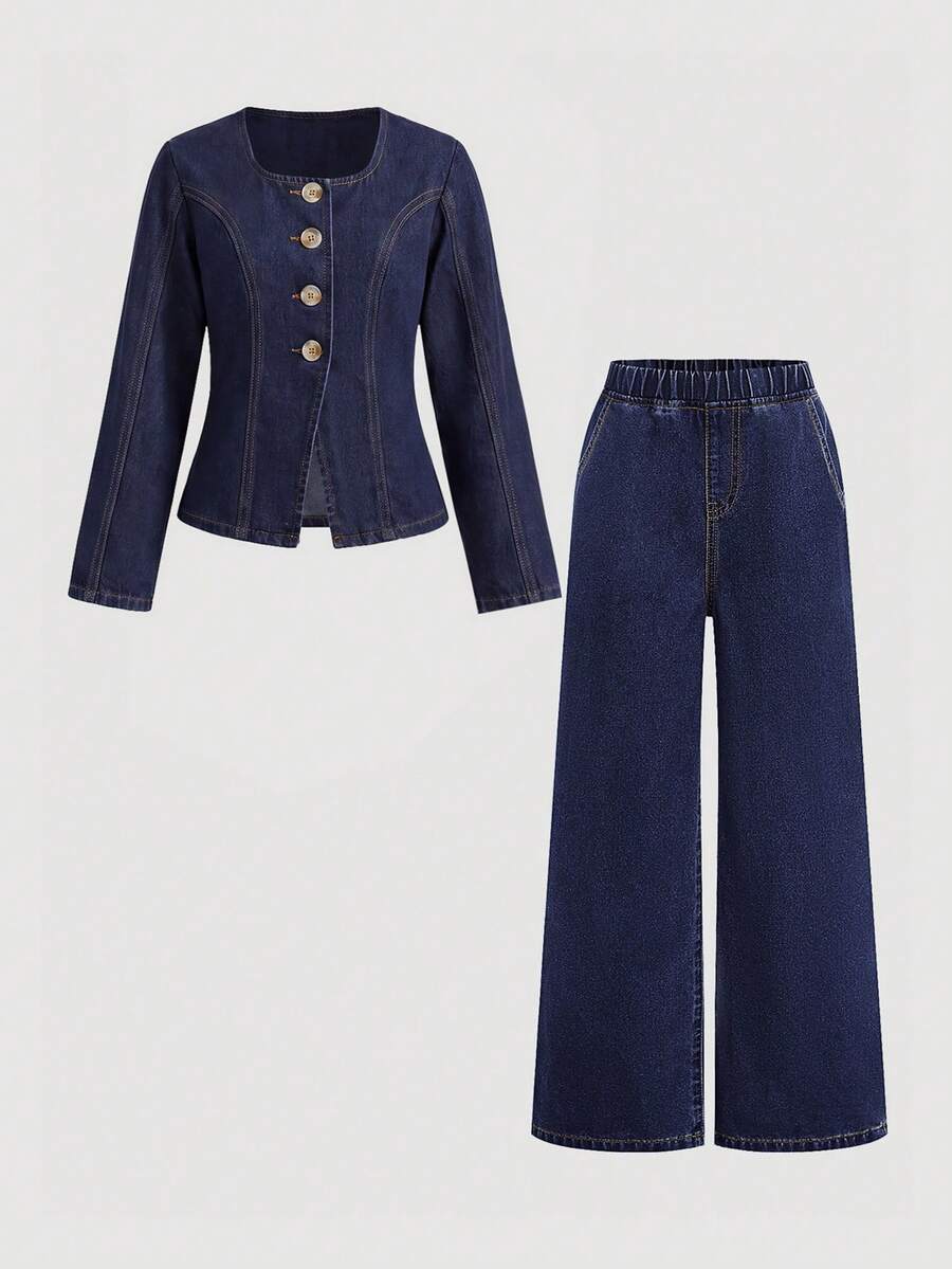 SHEIN Firerie Kids Girls' Dark Blue Denim Loose Jacket & Pants 2-Piece Set - Blue - View 1