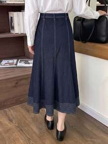DAZY Women's Long Mermaid Denim Skirt, Vacation Style Autumn Work Everyday Navy Blue French Casual - Dark Wash - View 5