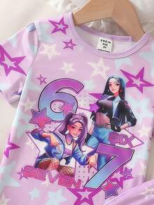 [隨機發貨1套]女童幼兒春夏季睡衣套裝，酷K-POP女團圖案印花，淡粉色與藍色清新配色，針織面料，舒適柔軟高彈性修身款，UV光感螢光，圓領短袖與長褲2件式居家睡衣 - 彩色 - 查看 6