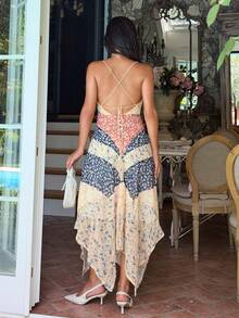 Ronhire Dark Orange Summer Boho Vacation Holiday Women's Spaghetti Strap Floral Patchwork Asymmetric Hem Backless Dress Bohemian Music Festival Elegant Party - Multicolor - View 2