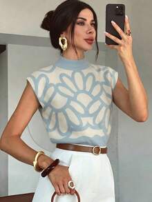 Firerie Elegant High Neck Loose Casual Versatile Sleeveless Knit Sweater Vest Top For Women, Suitable For Dating, Chic - White - View 4