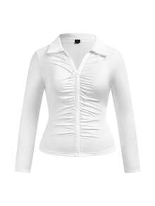 SHEIN Privé Camiseta de talla grande ajustada y con cuello fruncido - Blanco - Ver 5