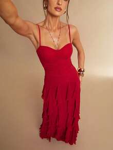 Silquee Mesh Pleated Hem Ruffle Cami Dress - Red - View 7