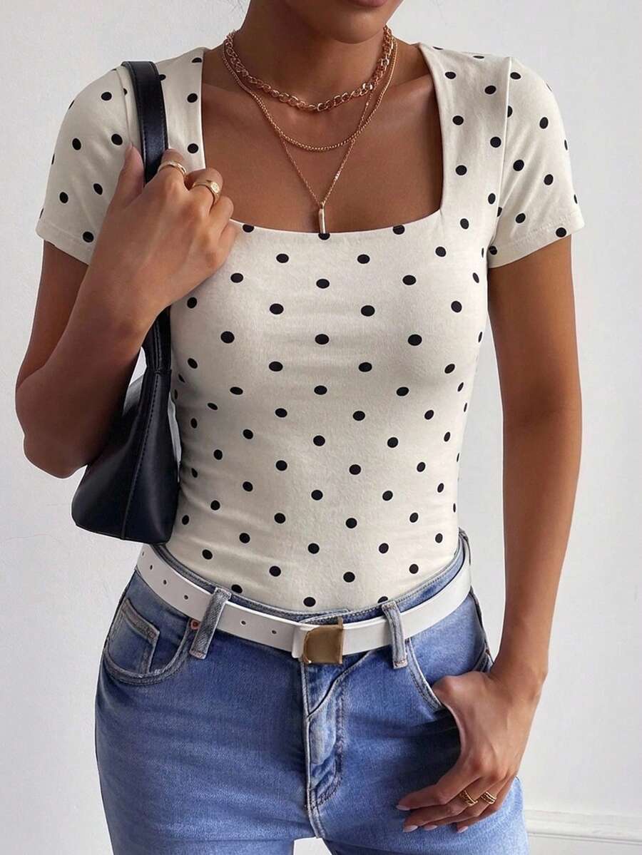 DAZY Women's Round Neck Polka Dot Print Ruched Short Sleeve Fitted T-Shirt Cute Tops - Apricot - View 1