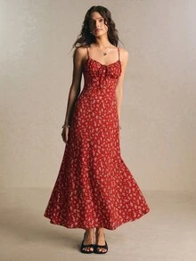 Poéselle Women's All-Over Print Pleated Casual French Romantic Party Vacation Spaghetti Strap Dress Red Floral Summer - Red - View 3