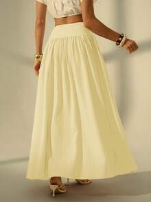 SHEIN Tall Women's Solid Color Pleated Casual Modest Versatile Daily Wear Skirt Beach Cream Autumn - Light Yellow - View 2
