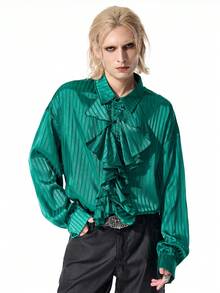 ROMWE MEN Men's Elegant Fashion Striped Ruffle Single-Breasted Shirt - Green - View 5