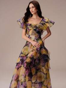 BELROSIE Summer Purple And Yellow Floral Colorblock Organza Ruffle Flutter Sleeve Split Hem Layered Cake Skirt Cinched Waist Women's Dress Wedding Garden - Multicolor - View 7